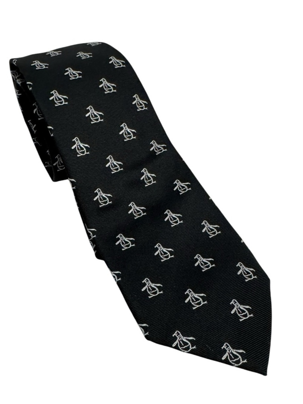 Official Penguin Men’s Black Silk Logo Pattern Necktie Classic Penguin Print - Picture 2 of 7